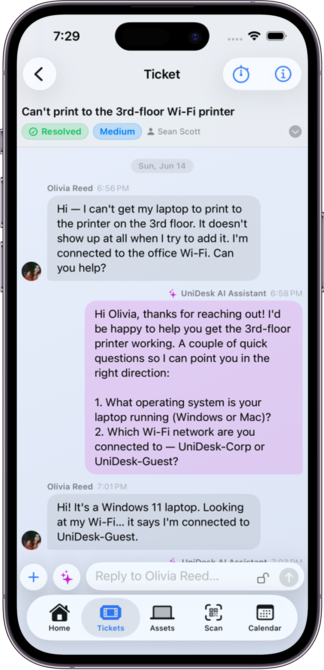UniDesk ticket detail on iPhone